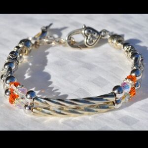 Gorgeous Twisted Silver Double Strand, Clear & Orange Swarovski Crystal Bracelet